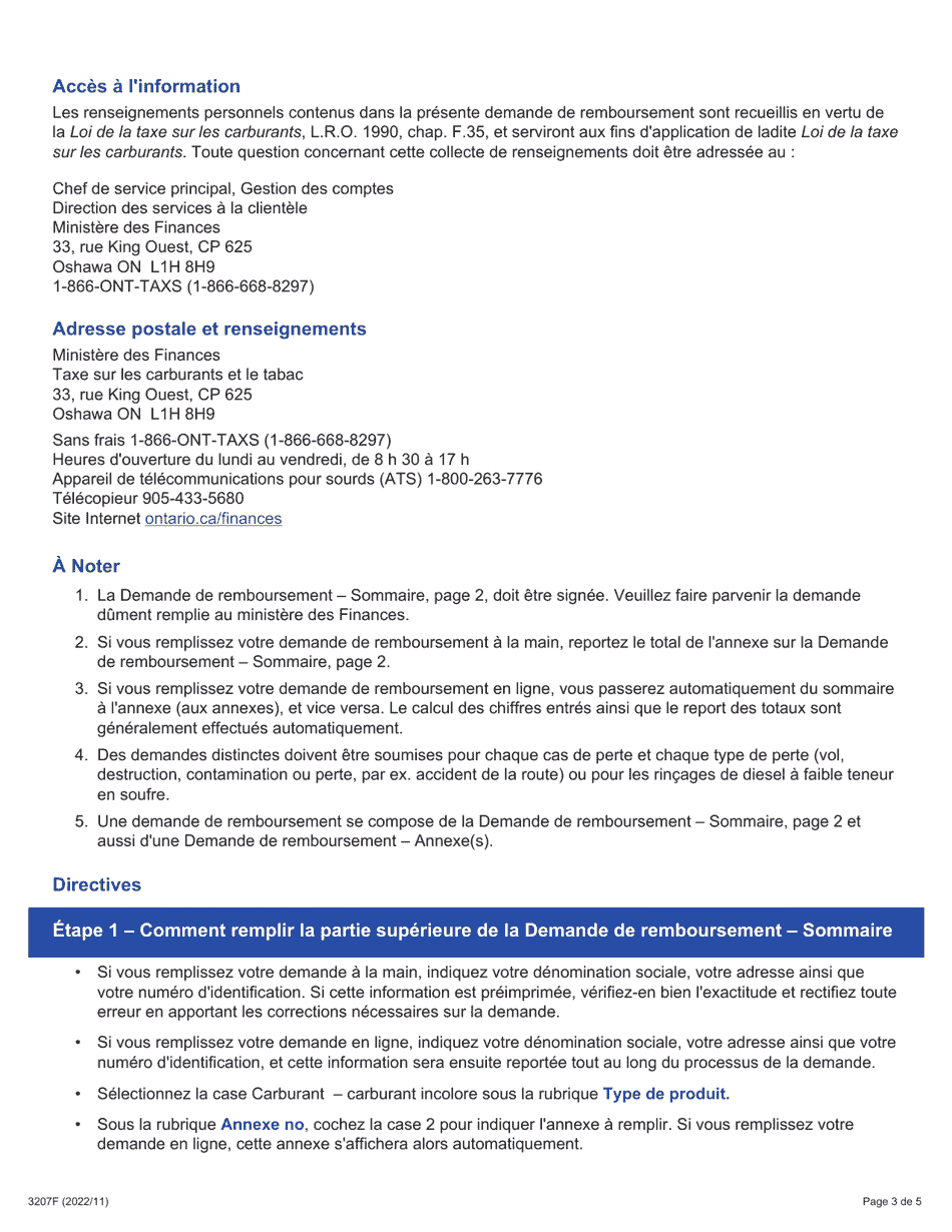 Instruction pour Forme 3207F Guide Relatif a La Demande De Remboursement - Sommaire Et Carburant Incolore Annexe 2 Prl - Perte De Produit / Paiement De Taxe En Trop - Ontario, Canada (French), Page 3