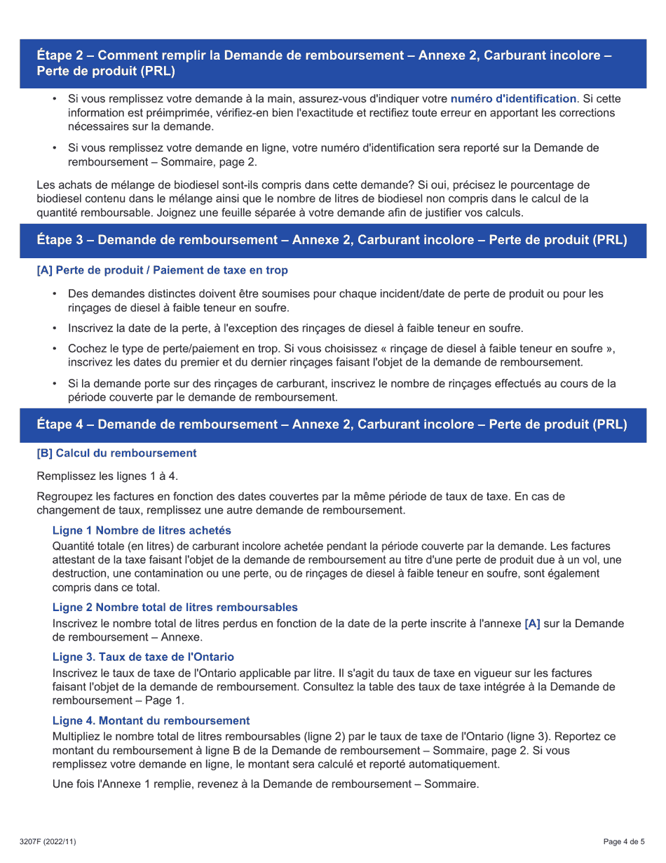 Instruction pour Forme 3207F Guide Relatif a La Demande De Remboursement - Sommaire Et Carburant Incolore Annexe 2 Prl - Perte De Produit / Paiement De Taxe En Trop - Ontario, Canada (French), Page 4