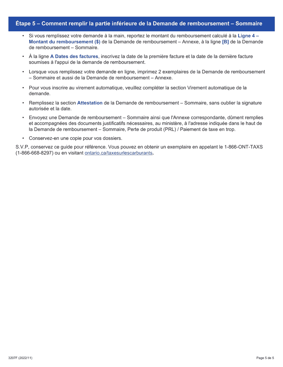 Instruction pour Forme 3207F Guide Relatif a La Demande De Remboursement - Sommaire Et Carburant Incolore Annexe 2 Prl - Perte De Produit / Paiement De Taxe En Trop - Ontario, Canada (French), Page 5