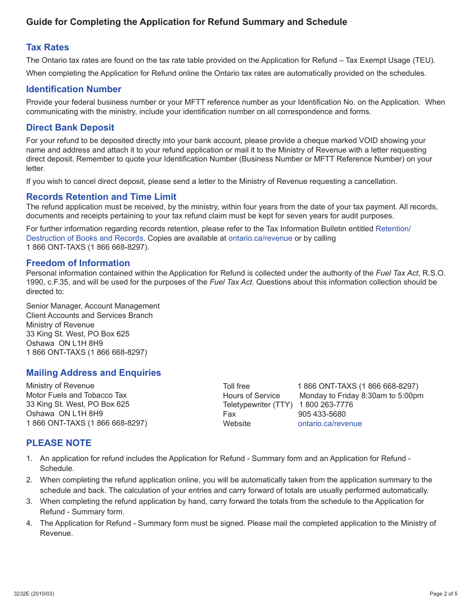Form 3232E Guide for Completing the Application for Refund Summary and Schedule 3 Teu - Ontario, Canada, Page 2