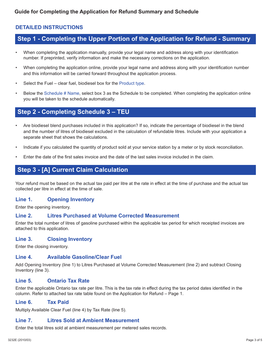 Form 3232E Guide for Completing the Application for Refund Summary and Schedule 3 Teu - Ontario, Canada, Page 3