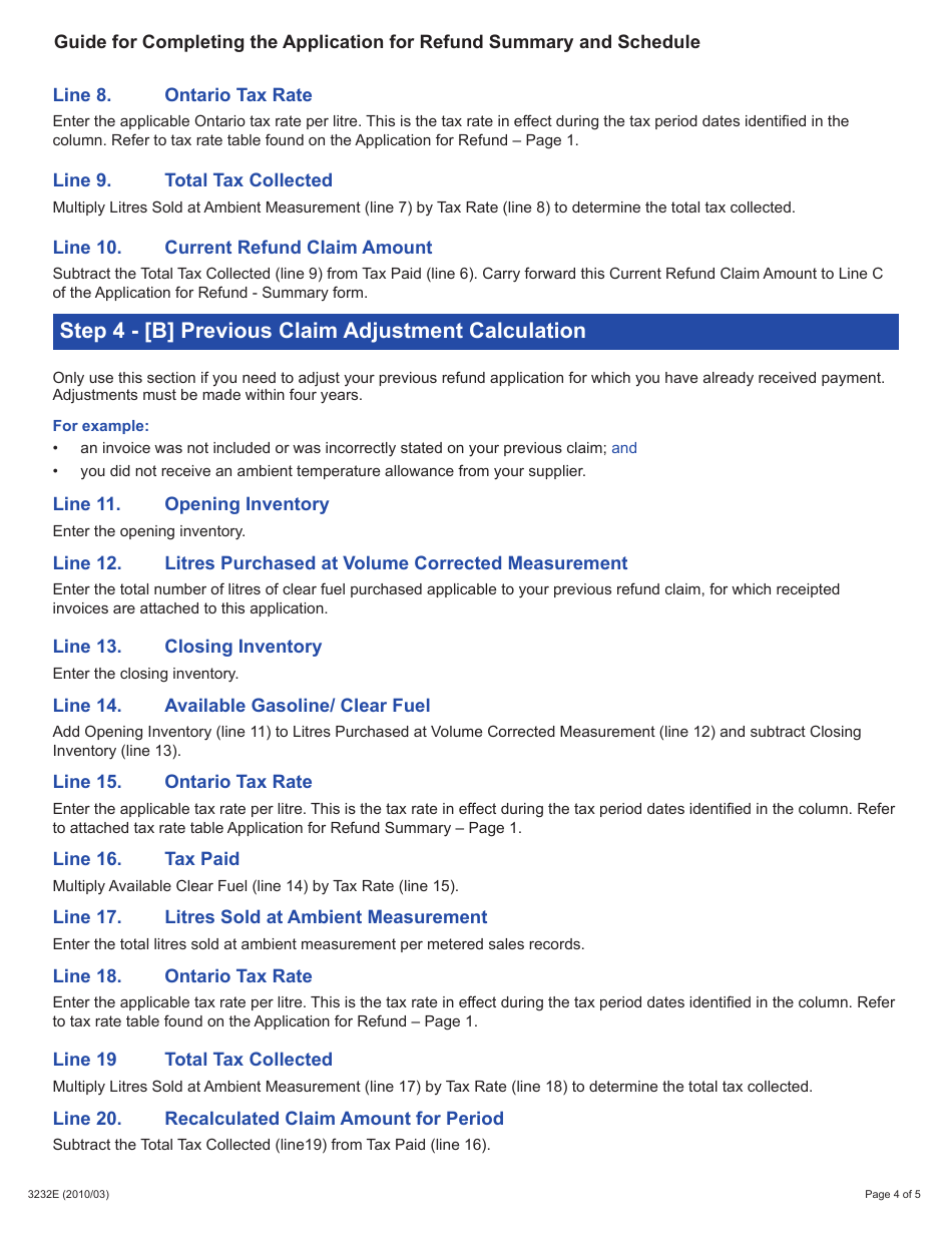 Form 3232E Guide for Completing the Application for Refund Summary and Schedule 3 Teu - Ontario, Canada, Page 4