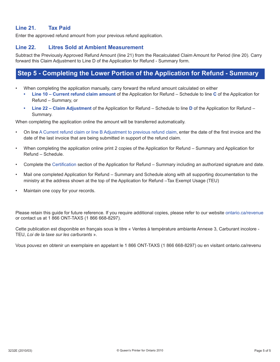 Form 3232E Guide for Completing the Application for Refund Summary and Schedule 3 Teu - Ontario, Canada, Page 5