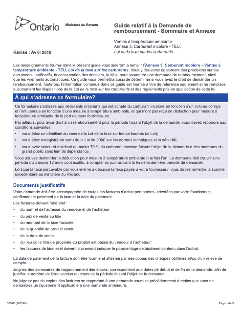 Forme 3232F Guide Relatif a La Demande De Remboursement - Sommaire Et Annexe 3 Teu - Ontario, Canada (French)