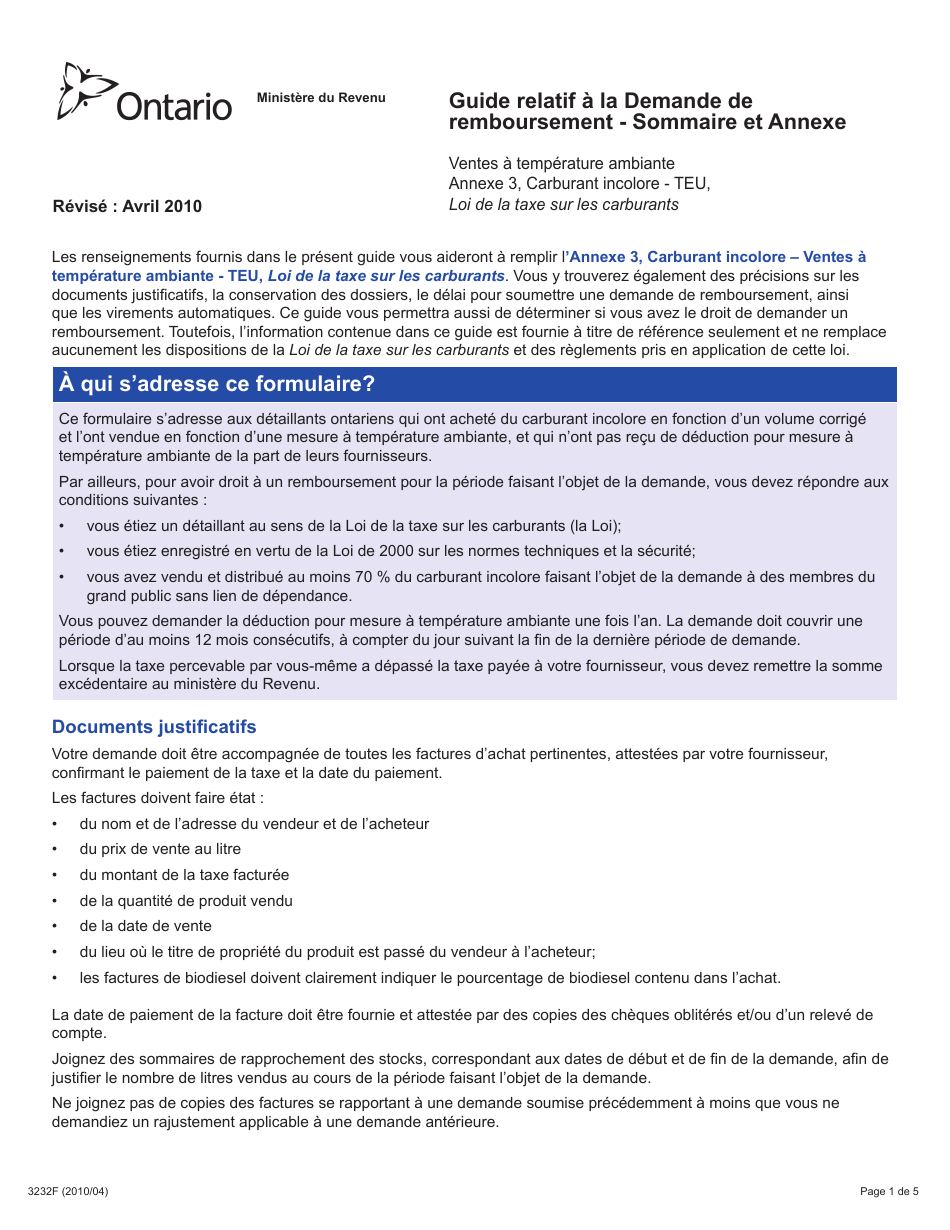Forme 3232F Guide Relatif a La Demande De Remboursement - Sommaire Et Annexe 3 Teu - Ontario, Canada (French), Page 1