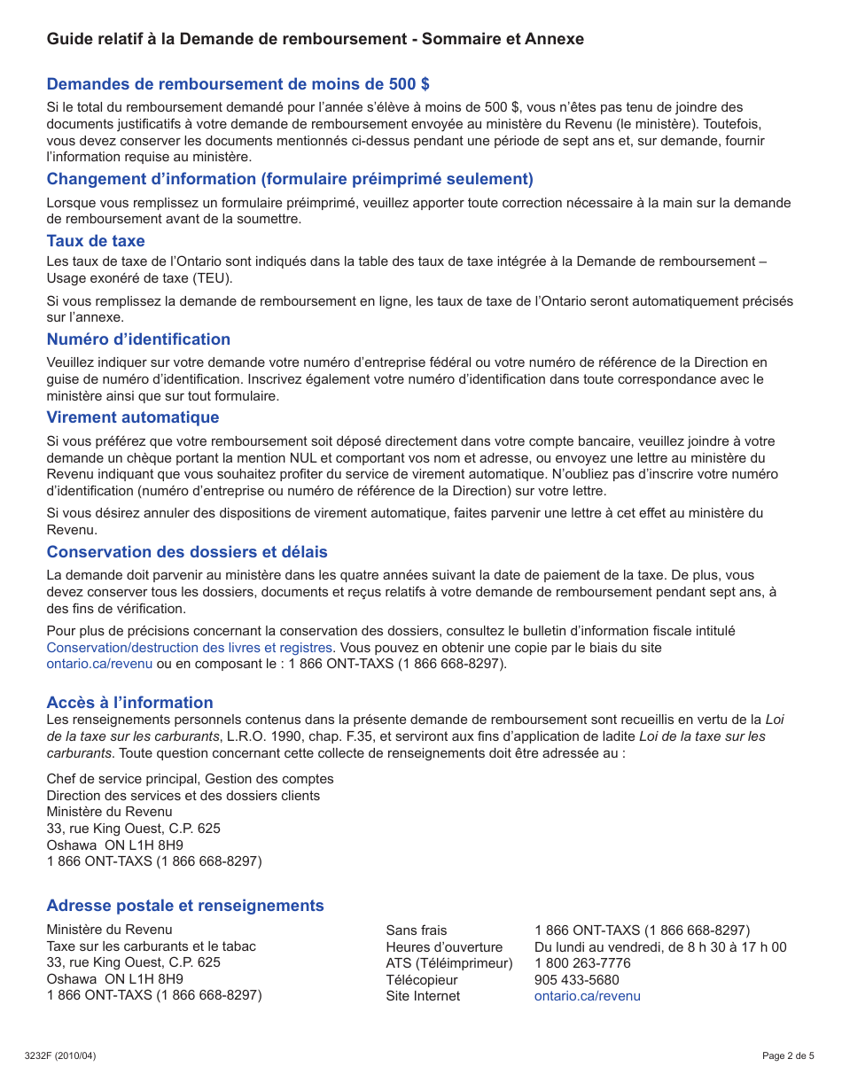 Forme 3232F Guide Relatif a La Demande De Remboursement - Sommaire Et Annexe 3 Teu - Ontario, Canada (French), Page 2