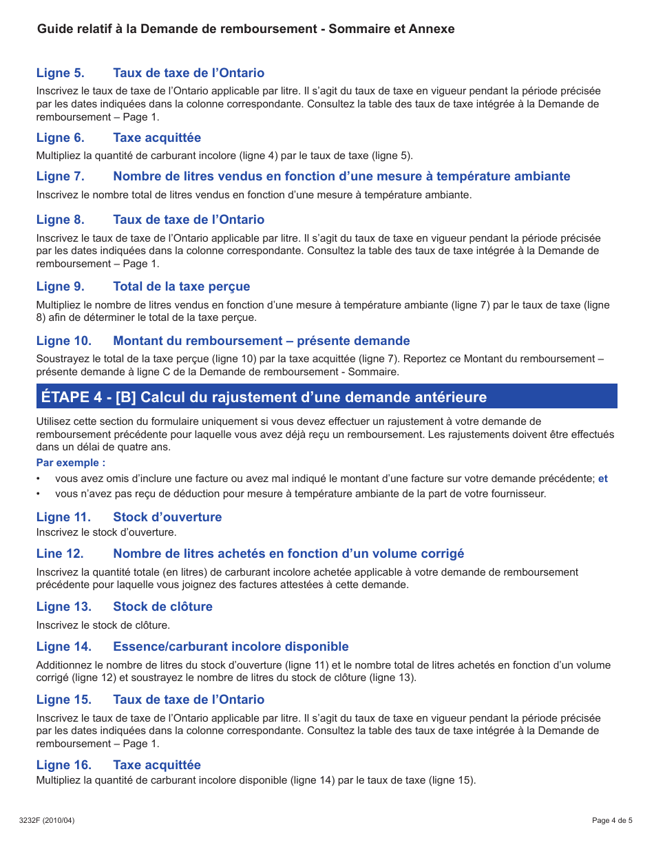 Forme 3232F Guide Relatif a La Demande De Remboursement - Sommaire Et Annexe 3 Teu - Ontario, Canada (French), Page 4
