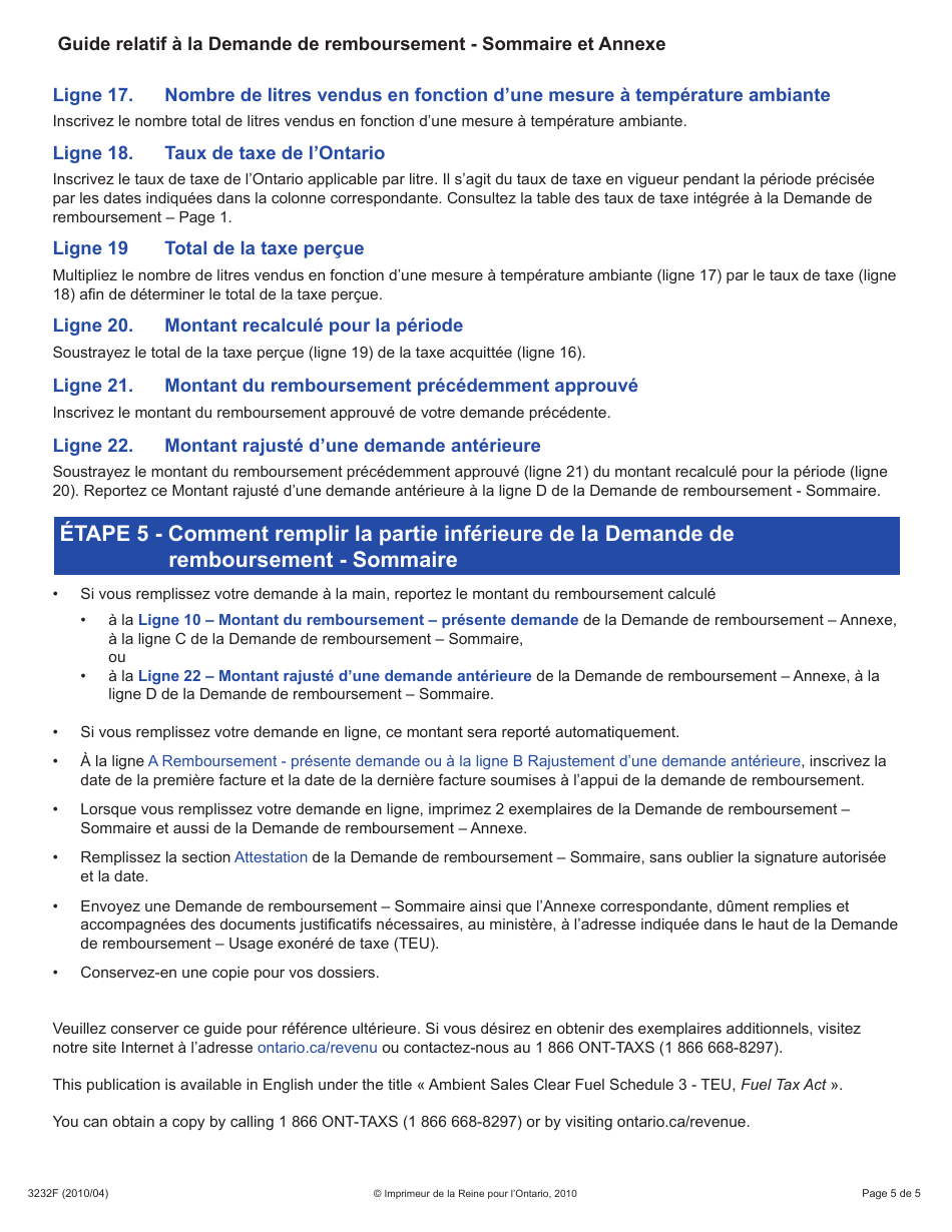 Forme 3232F Guide Relatif a La Demande De Remboursement - Sommaire Et Annexe 3 Teu - Ontario, Canada (French), Page 5
