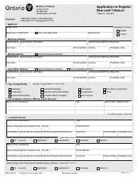 Document preview: Form 0526E Application to Register Raw Leaf Tobacco - Ontario, Canada