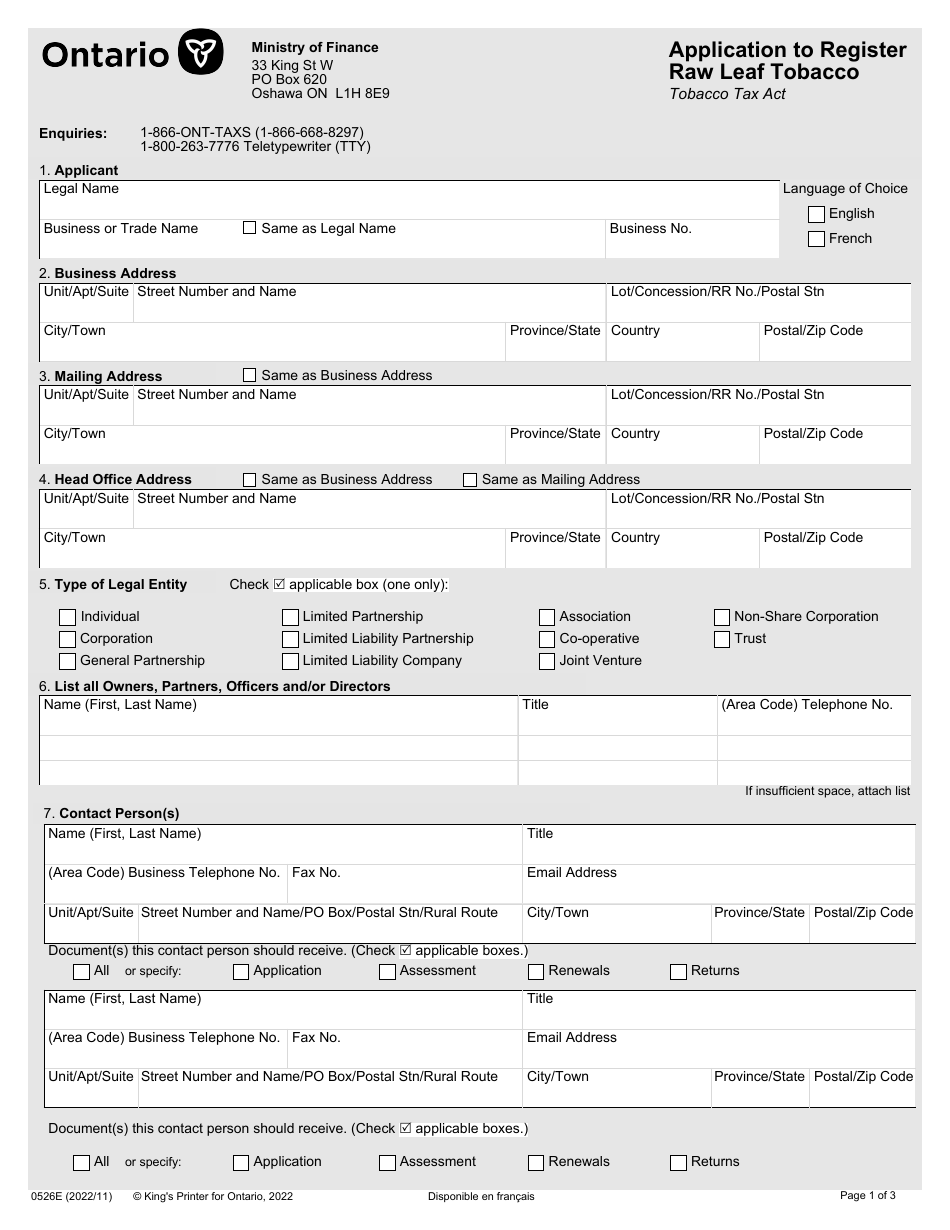Form 0526E Application to Register Raw Leaf Tobacco - Ontario, Canada, Page 1