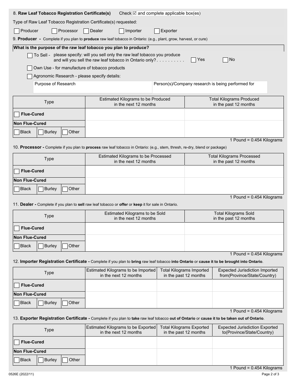 Form 0526E Application to Register Raw Leaf Tobacco - Ontario, Canada, Page 2