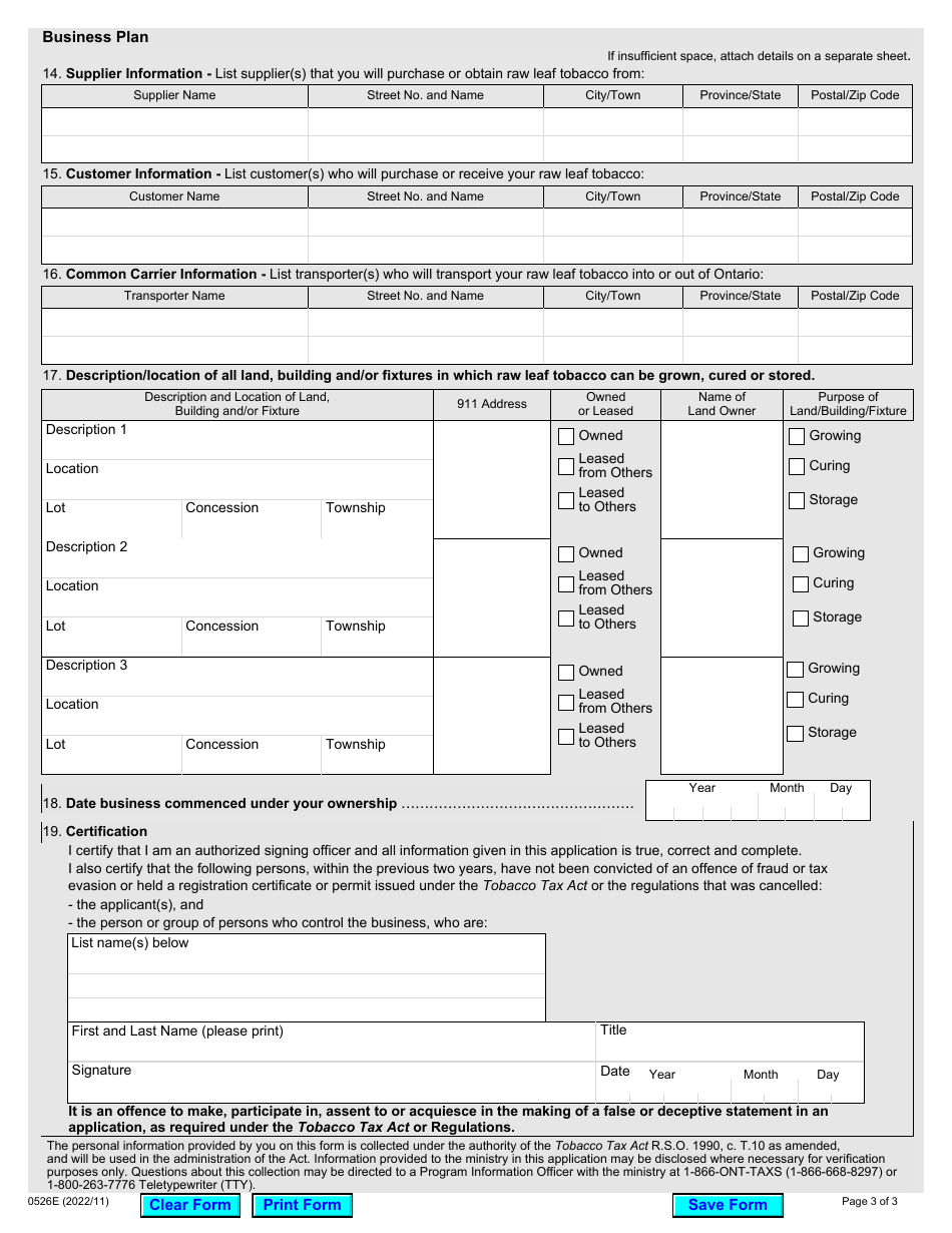 Form 0526E Application to Register Raw Leaf Tobacco - Ontario, Canada, Page 3