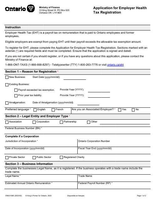 Form ON00155E Application for Employer Health Tax Registration - Ontario, Canada