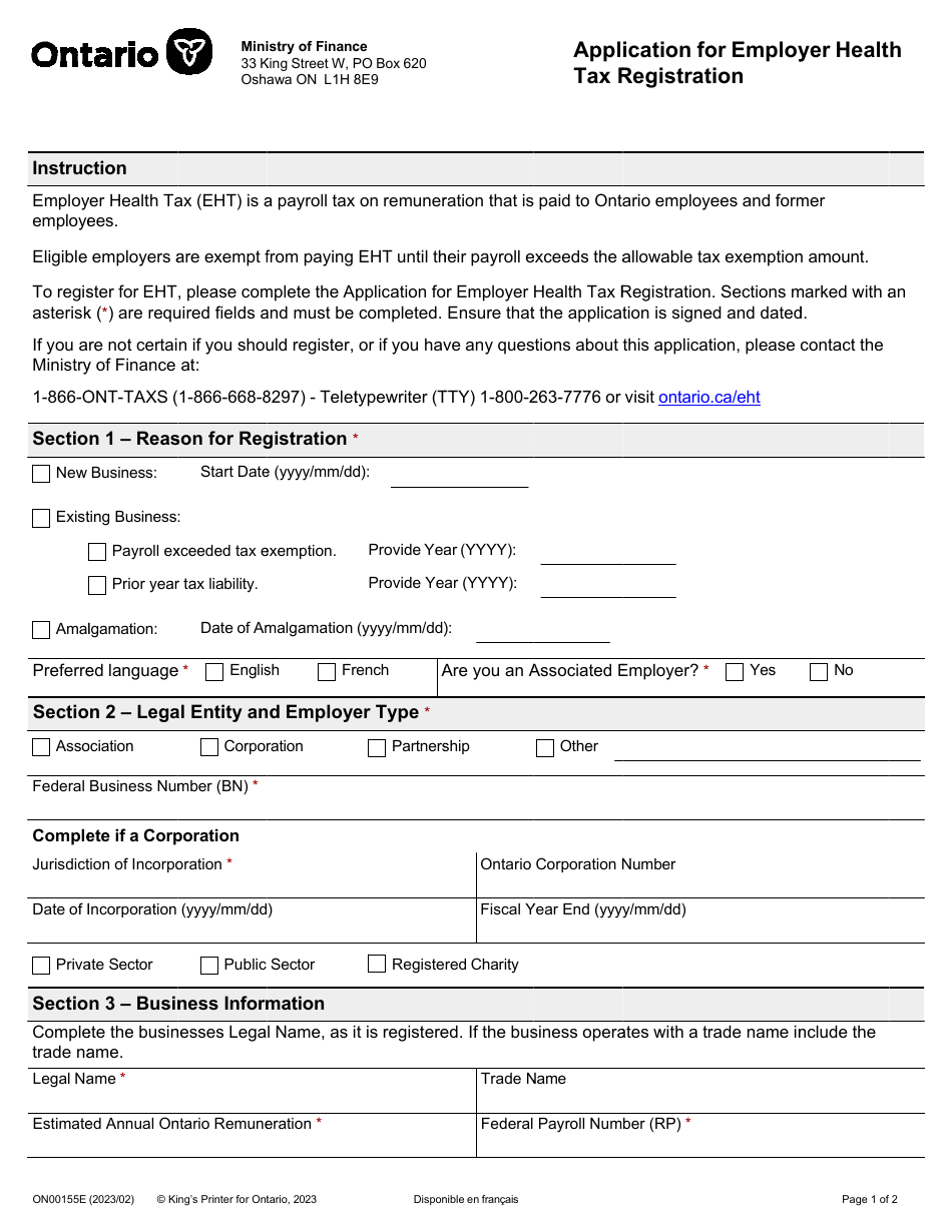 Form ON00155E Application for Employer Health Tax Registration - Ontario, Canada, Page 1