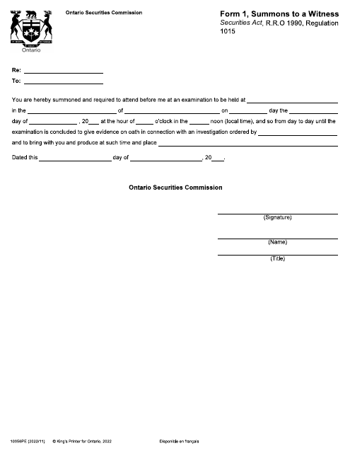 Form 1 (10056PE) Summons to a Witness - Ontario, Canada