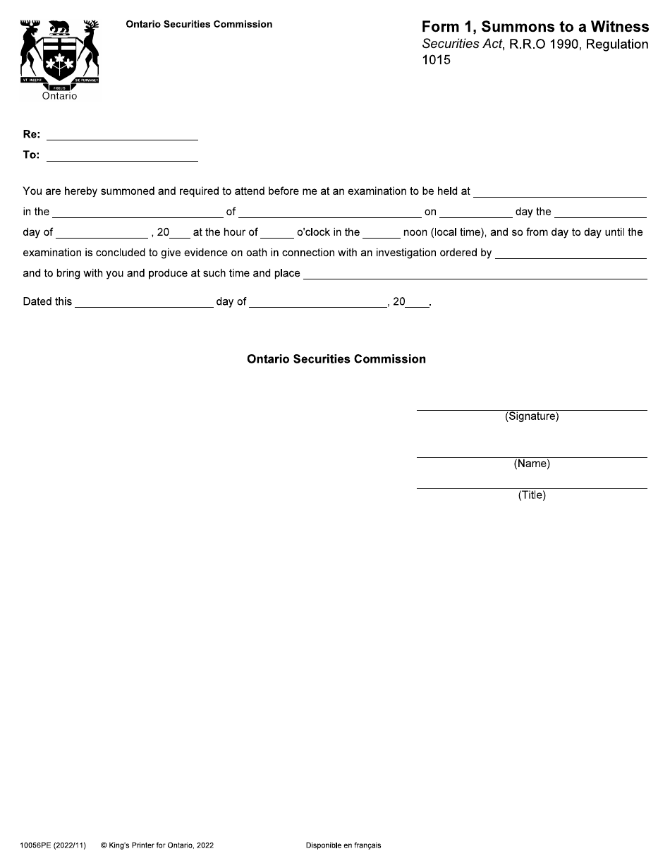 Form 1 (10056PE) Summons to a Witness - Ontario, Canada, Page 1
