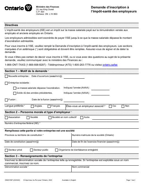 Forme ON00155F Demande D'inscription a L'impot-Sante DES Employeurs - Ontario, Canada (French)