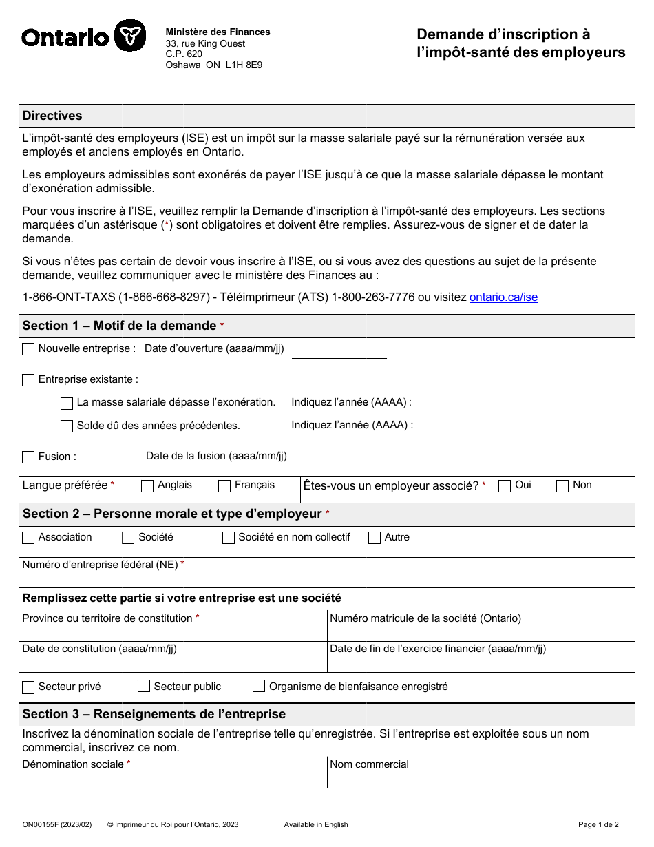 Forme ON00155F Demande Dinscription a Limpot-Sante DES Employeurs - Ontario, Canada (French), Page 1