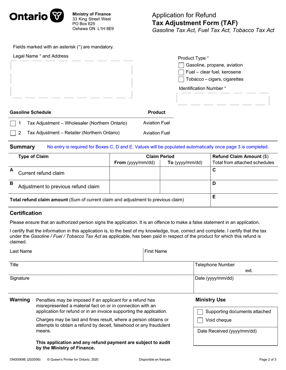 Form ON00069E Application for Refund - Tax Adjustment Form (Taf) - Ontario, Canada, Page 2