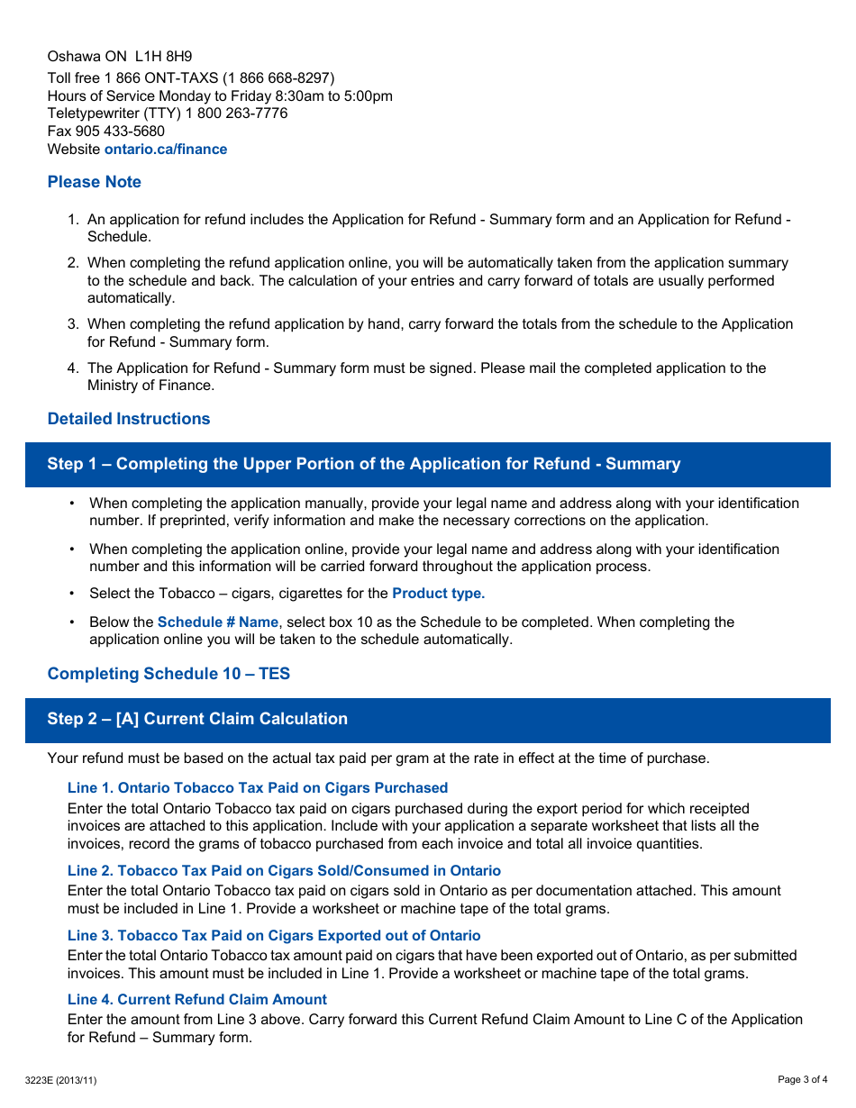Form 3223E Guide for Completing the Application for Refund Summary and Schedule 10 Tes - Tax Exempt Sales  Export out of Ontario - Ontario, Canada, Page 3