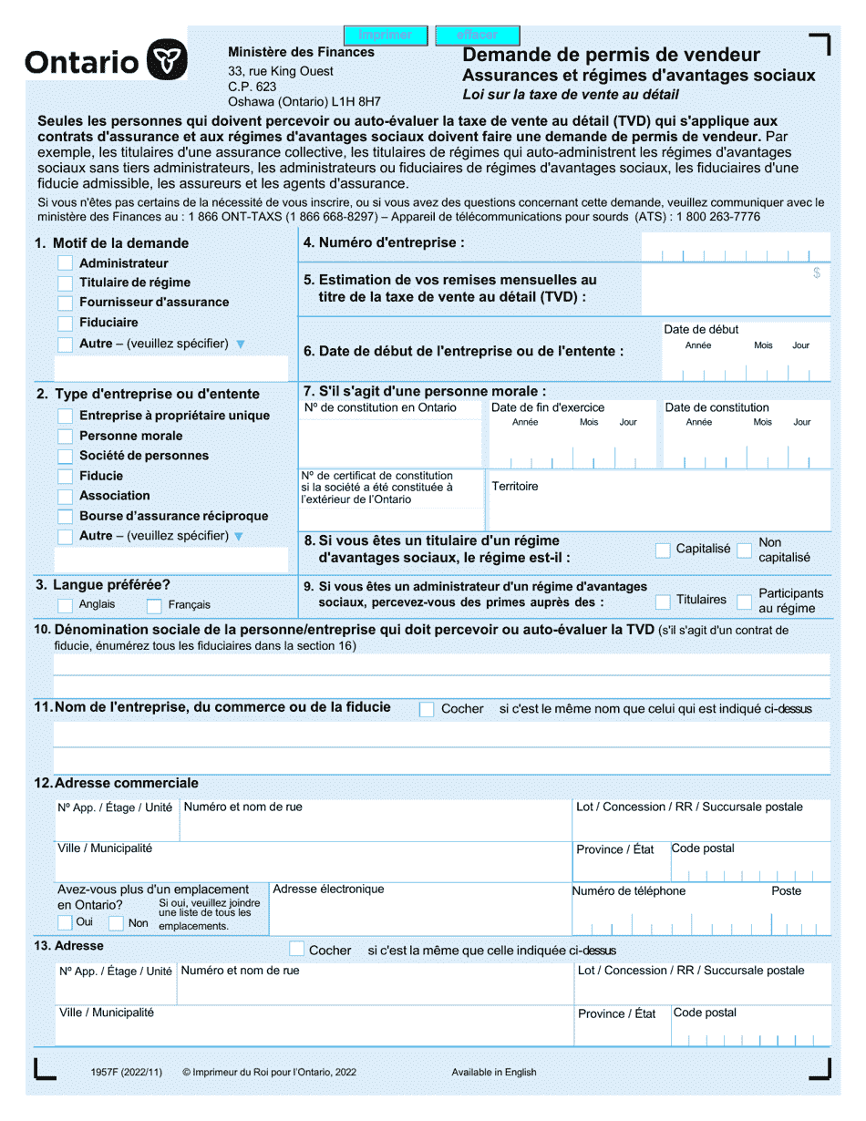 Forme 1957F Demande De Permis De Vendeur - Ontario, Canada (French), Page 1