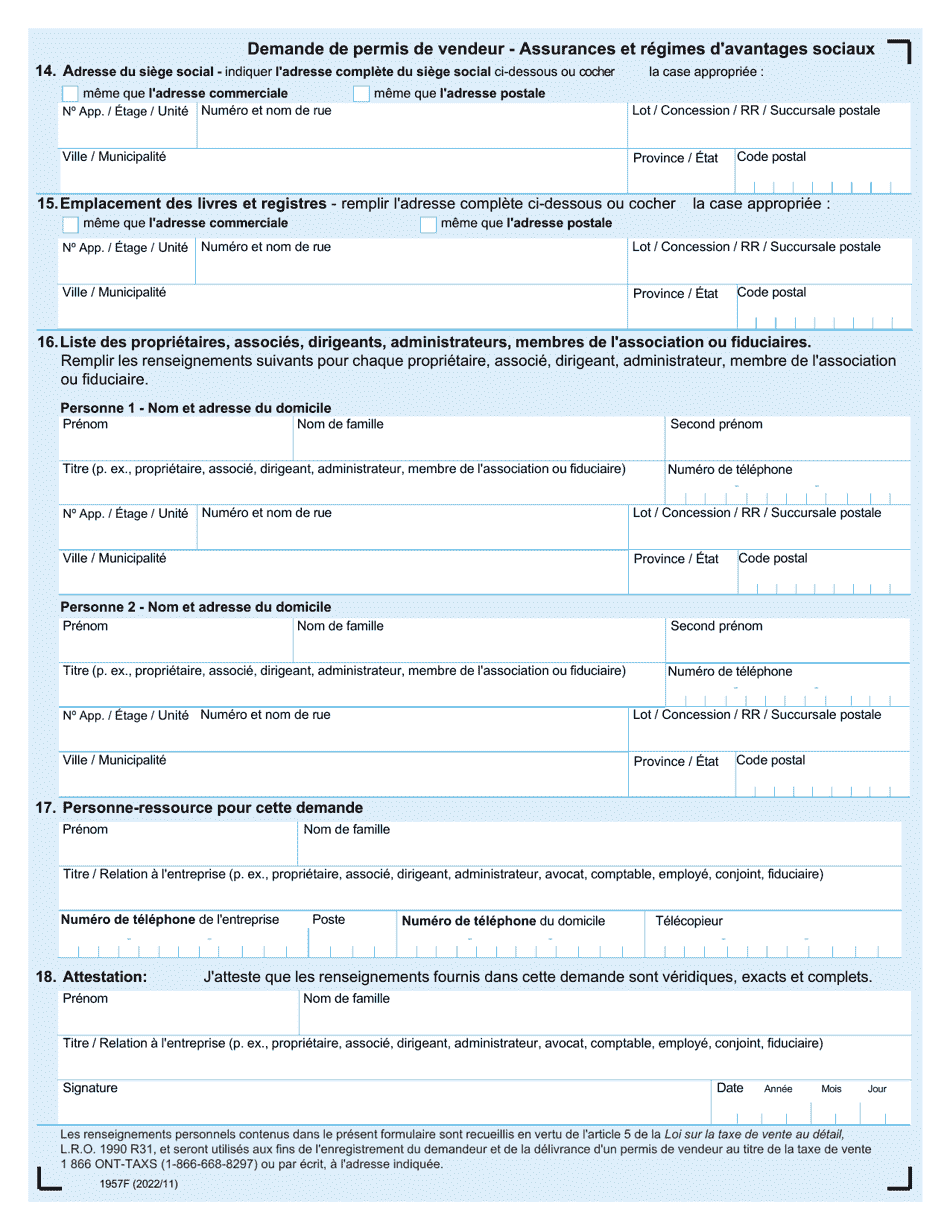 Forme 1957F Demande De Permis De Vendeur - Ontario, Canada (French), Page 2