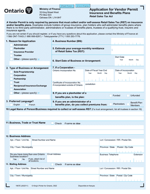 Form 1957E Application for Vendor Permit - Ontario, Canada