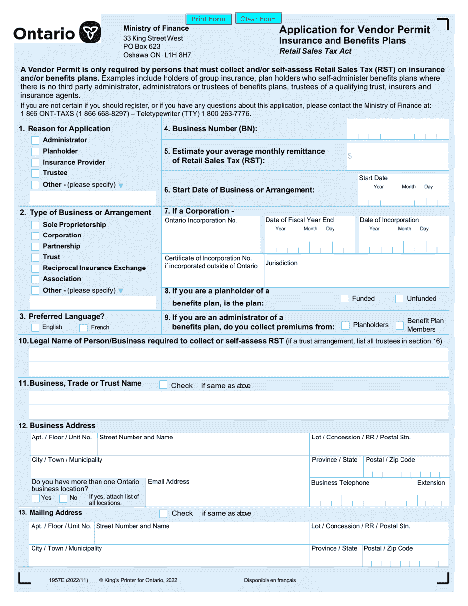 Form 1957E Application for Vendor Permit - Ontario, Canada, Page 1