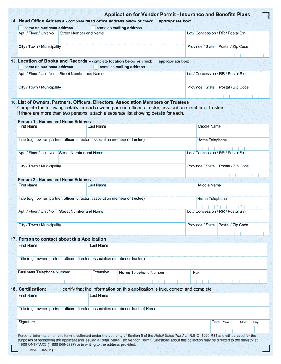 Form 1957E Application for Vendor Permit - Ontario, Canada, Page 2