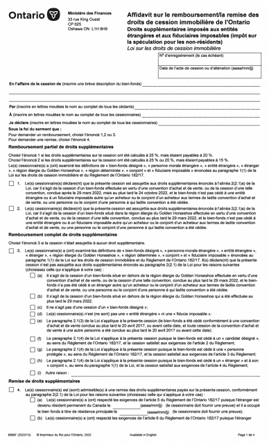 Forme 9996F Affidavit Sur Le Remboursement/La Remise DES Droits De Cession Immobiliere De L'ontario - Ontario, Canada (French)
