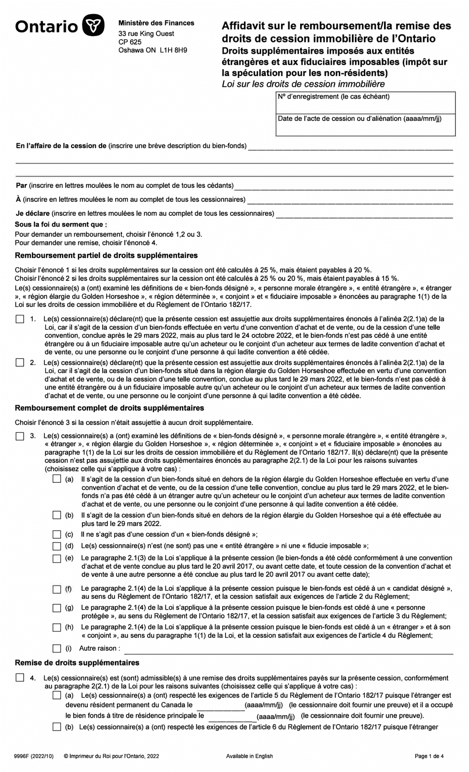 Forme 9996F Affidavit Sur Le Remboursement / La Remise DES Droits De Cession Immobiliere De Lontario - Ontario, Canada (French), Page 1