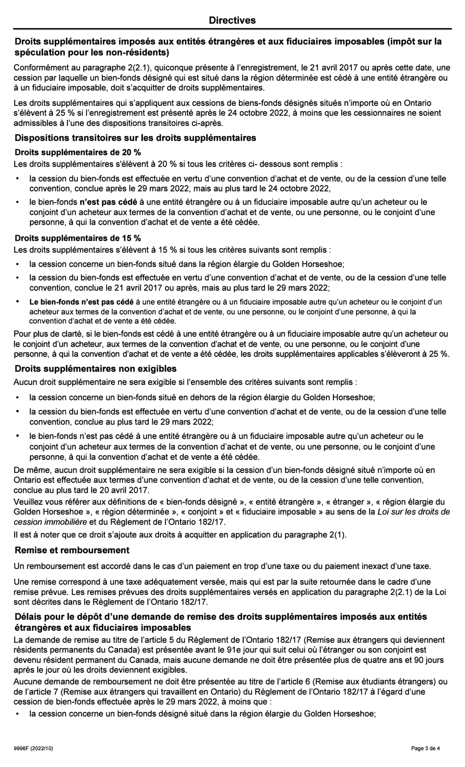 Forme 9996F Affidavit Sur Le Remboursement / La Remise DES Droits De Cession Immobiliere De Lontario - Ontario, Canada (French), Page 3
