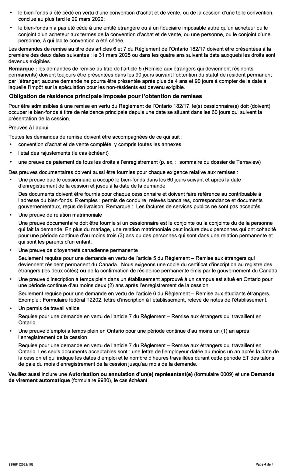 Forme 9996F Affidavit Sur Le Remboursement / La Remise DES Droits De Cession Immobiliere De Lontario - Ontario, Canada (French), Page 4