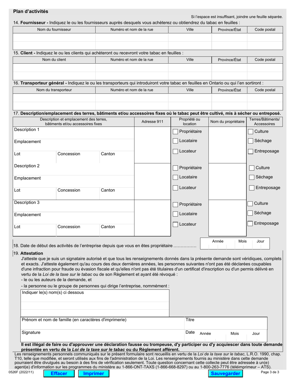 Forme 0526F Demande Dinscription Pour Le Tabac En Feuilles - Ontario, Canada (French), Page 3