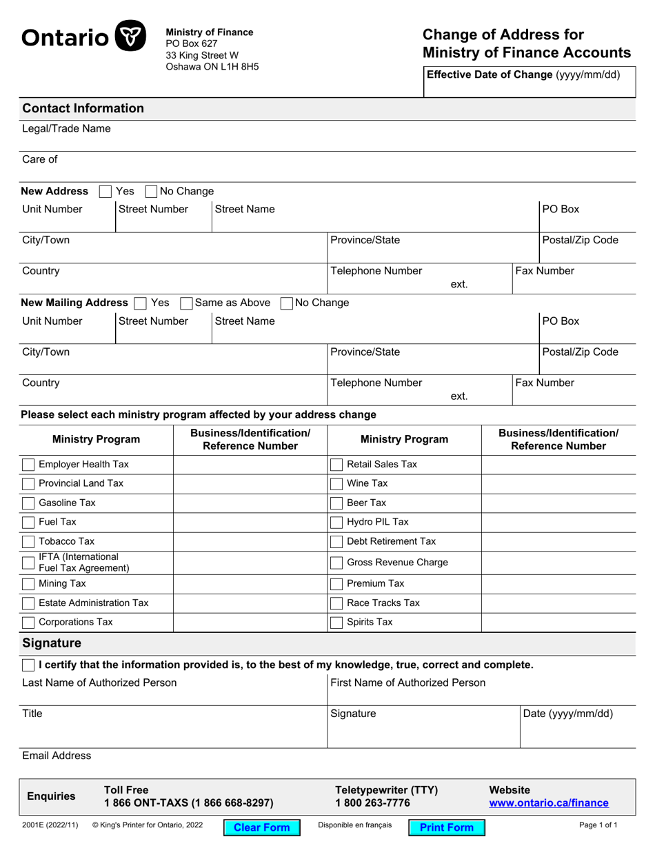 Form 2001E Change of Address for Ministry of Finance Accounts - Ontario, Canada, Page 1