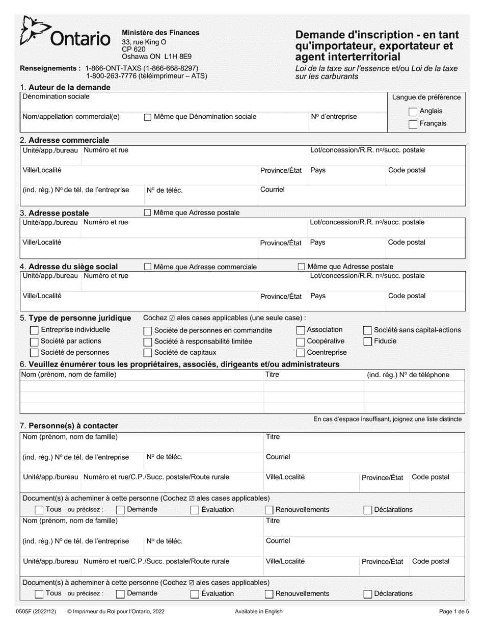 Forme 0505F Demande Dinscription - En Tant Quimportateur, Exportateur Et Agent Interterritorial - Ontario, Canada (French), Page 1