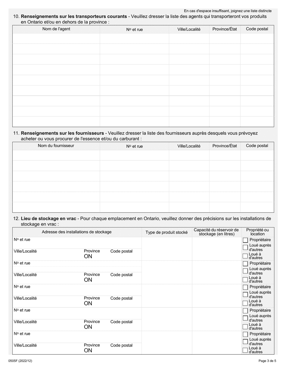 Forme 0505F Demande Dinscription - En Tant Quimportateur, Exportateur Et Agent Interterritorial - Ontario, Canada (French), Page 3