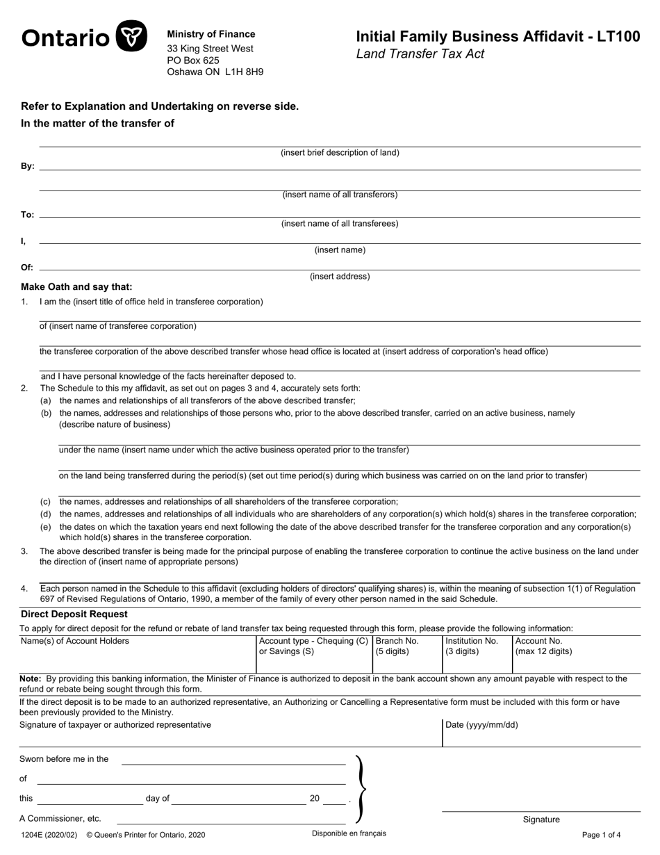 Form LT100 (LT1204E) Initial Family Business Affidavit - Ontario, Canada, Page 1