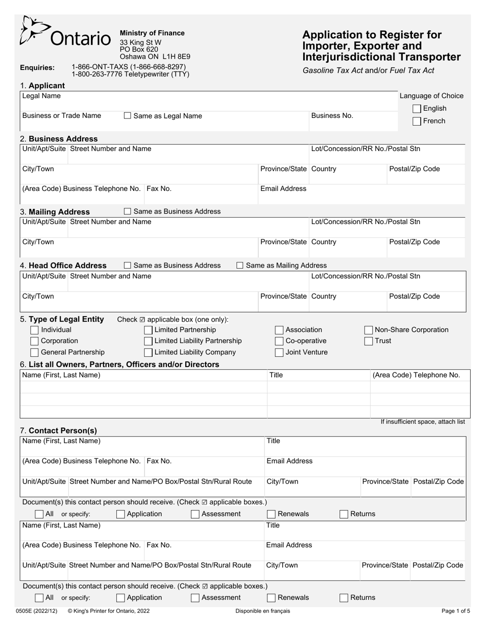 Form 0505E Application to Register for Importer, Exporter and Interjurisdictional Transporter - Ontario, Canada, Page 1