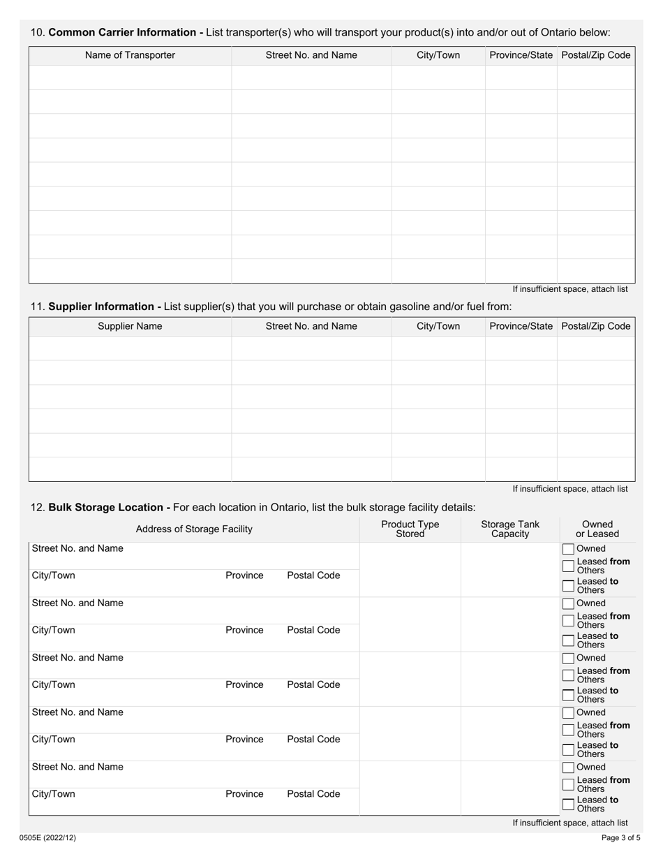 Form 0505E Application to Register for Importer, Exporter and Interjurisdictional Transporter - Ontario, Canada, Page 3