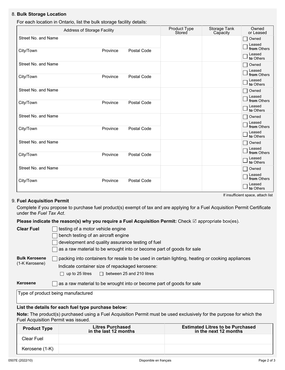 Form 0507E Application to Register for a Fuel Acquisition Permit - Ontario, Canada, Page 2