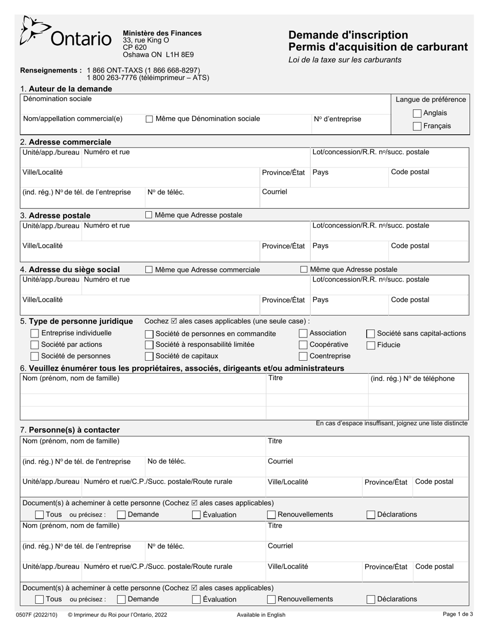 Forme 0507F Demande Dinscription - Permis Dacquisition De Carburant - Ontario, Canada (French), Page 1