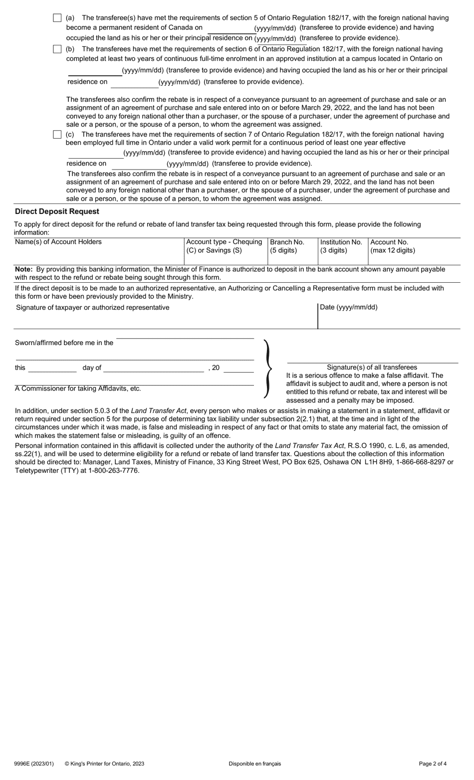 Form 9996E Ontario Land Transfer Tax Refund / Rebate Affidavit - Ontario, Canada, Page 2