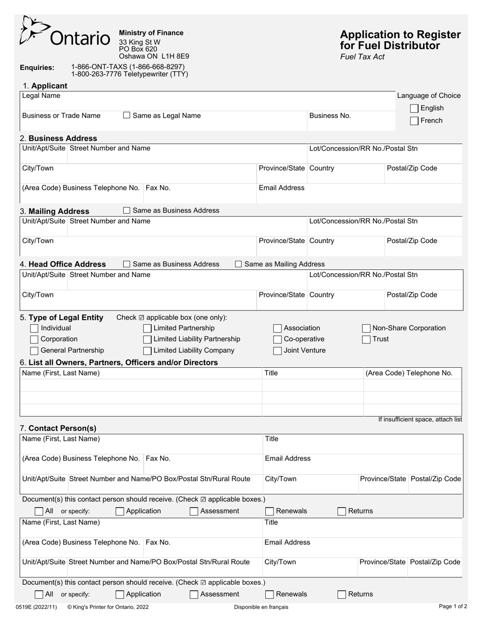 Form 0519E Application to Register for Fuel Distributor - Ontario, Canada, Page 1