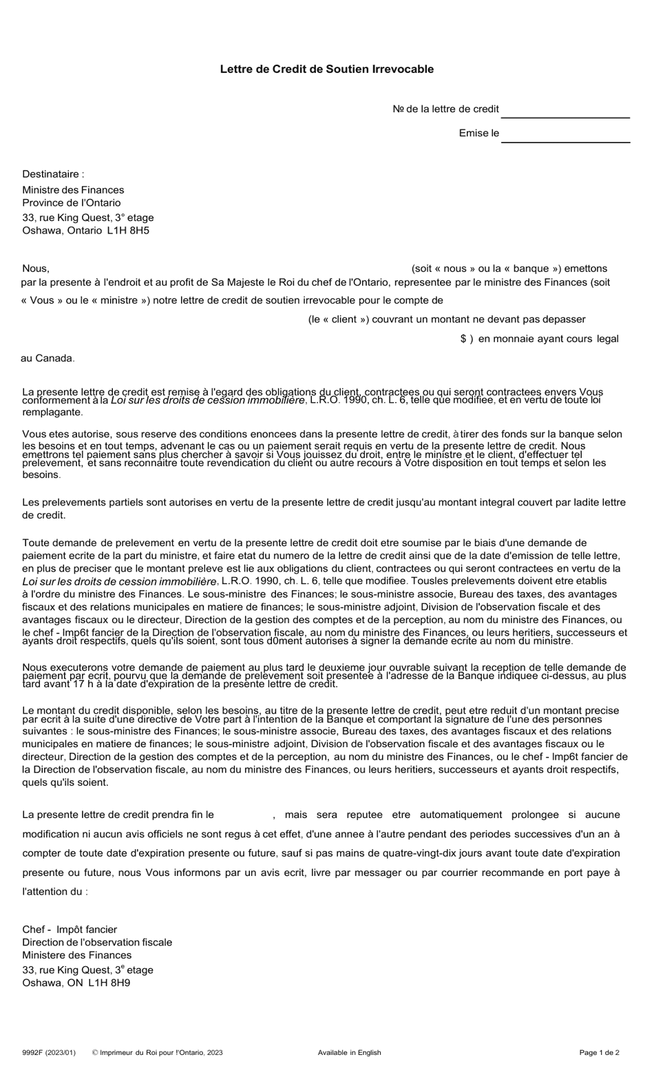 Forme 9992F Lettre De Credit De Soutien Irrevocable - Ontario, Canada (French), Page 1
