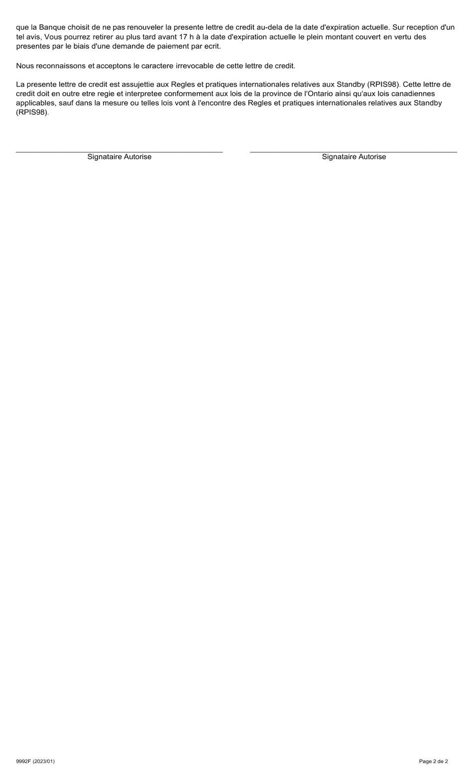 Forme 9992F Lettre De Credit De Soutien Irrevocable - Ontario, Canada (French), Page 2