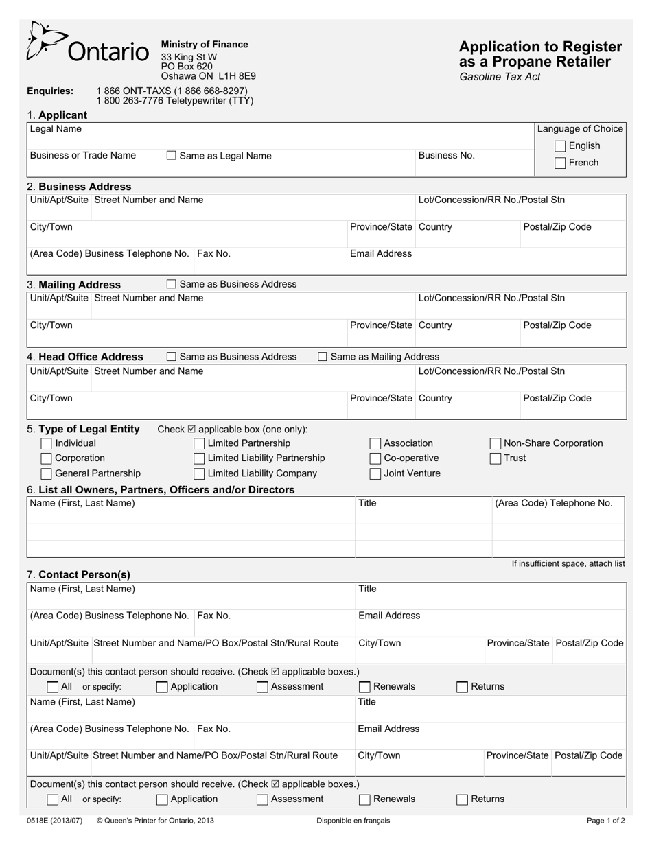 Form 0518E Application to Register as a Propane Retailer - Ontario, Canada, Page 1