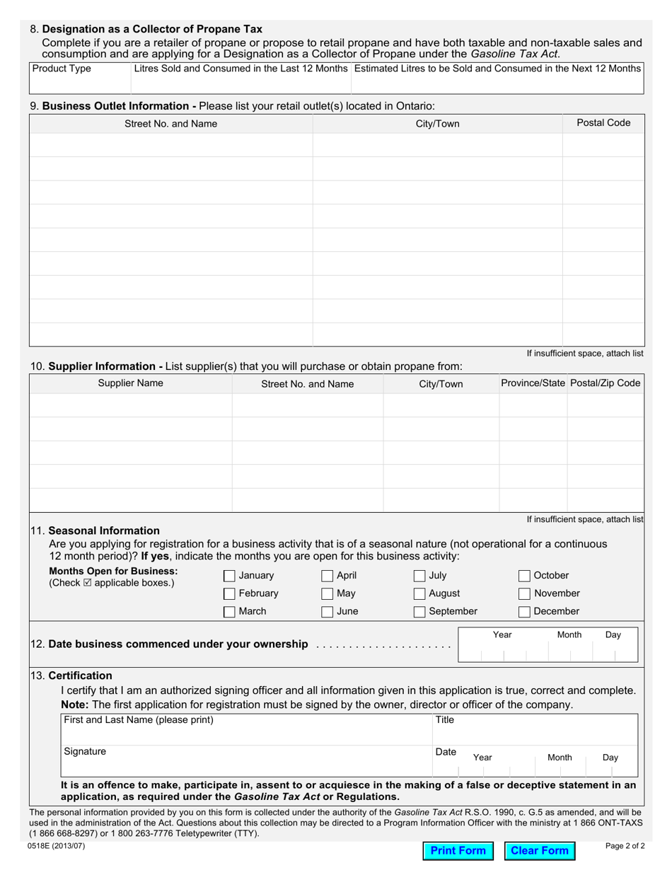 Form 0518E Application to Register as a Propane Retailer - Ontario, Canada, Page 2