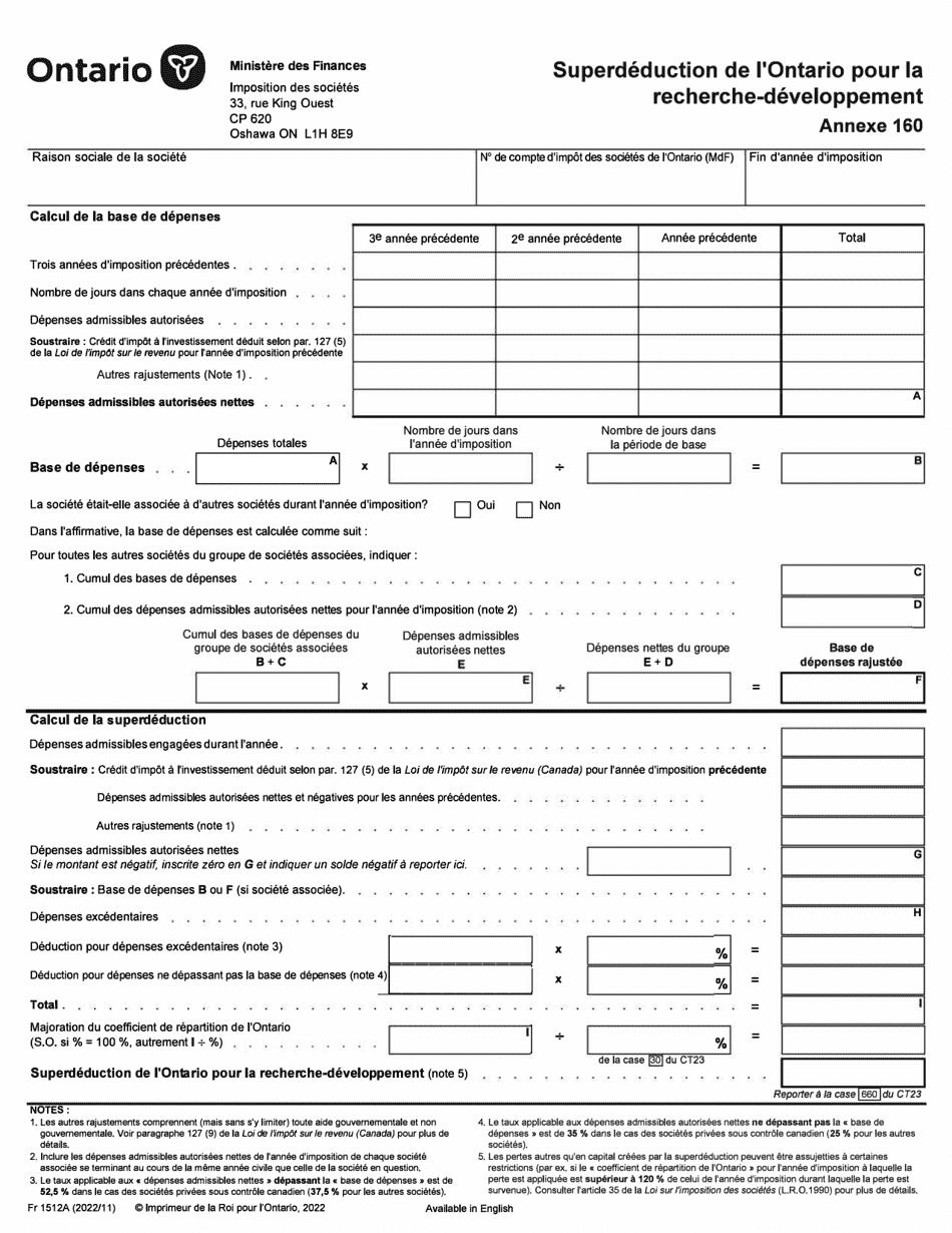 Forme 1512A Agenda 160 Superdeduction De Lontario Pour La Recherche-Developpement - Ontario, Canada (French), Page 1