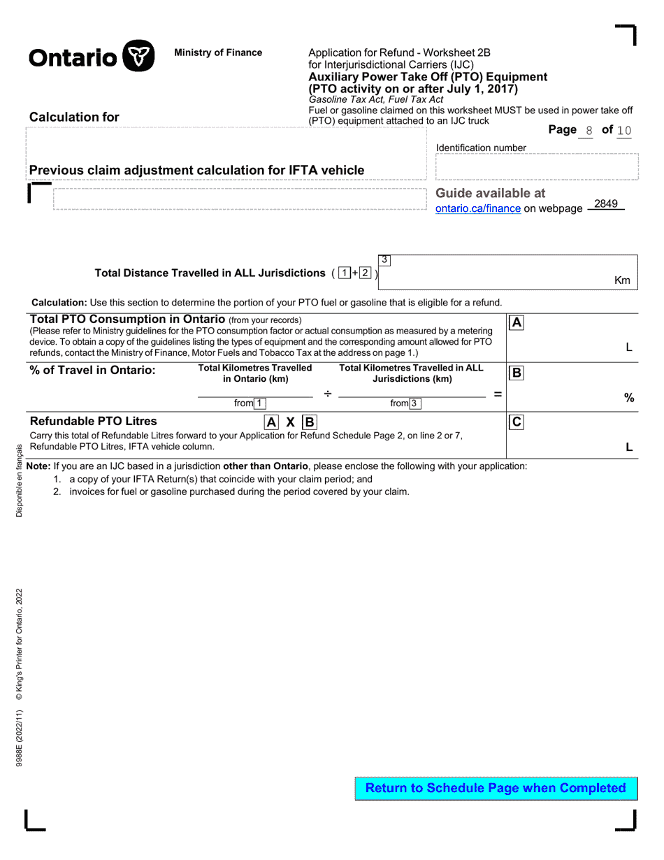 Form 9988E Application for Refund - Summary Auxiliary Power Take off (Pto) Equipment (Pto Activity on or After July 1, 2017) - Ontario, Canada, Page 10